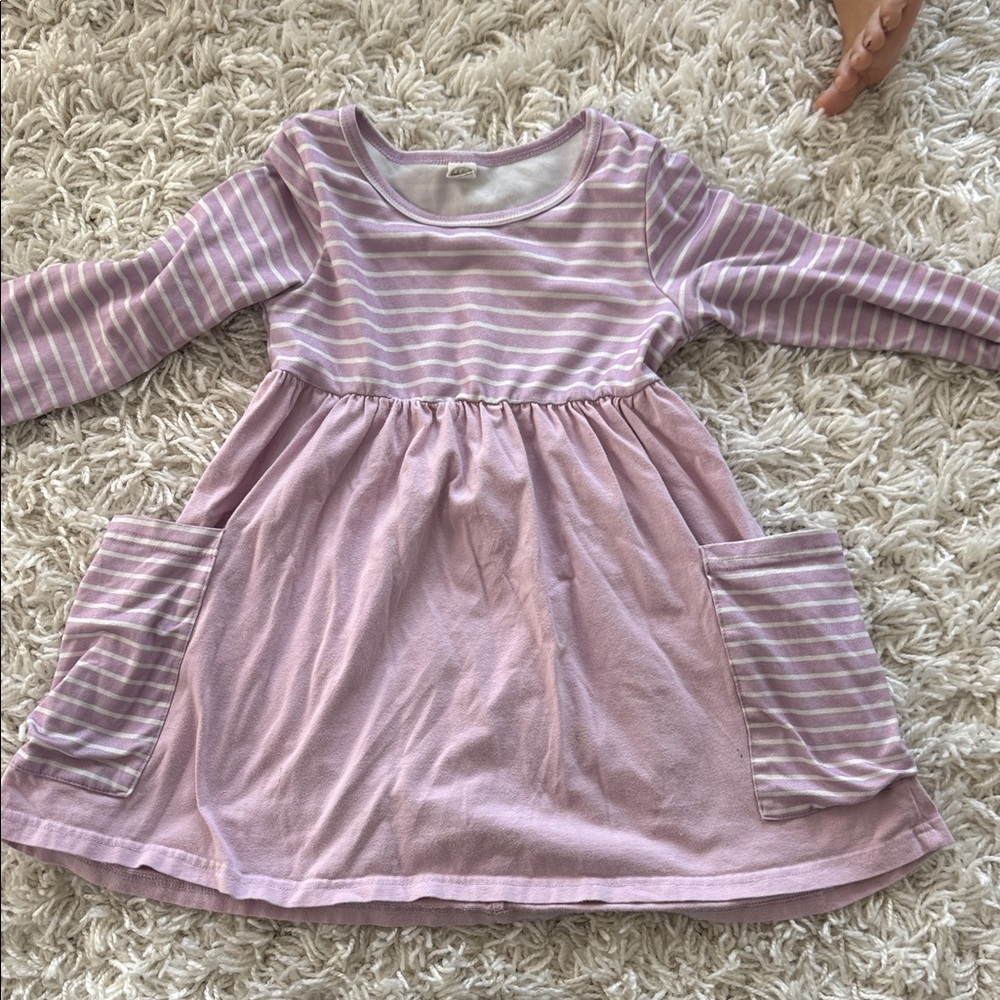 Girls' Lavender Striped Long-Sleeve Pocket Dress